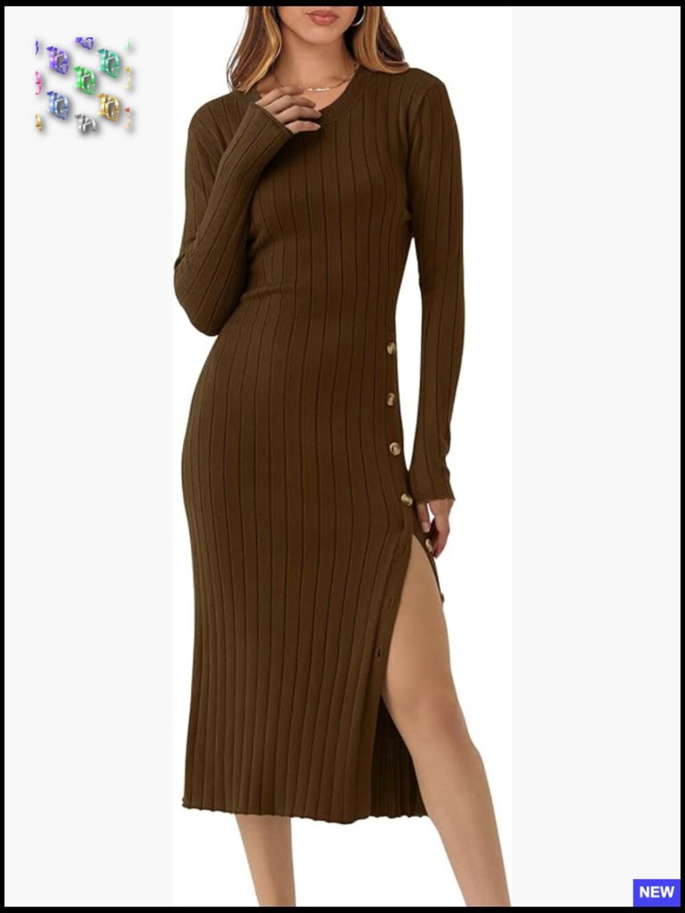 Long Sleeve Midi Dress Ribbed Knit Bodycon Fitted Button Down Sweater Dress - Picture 1 of 7